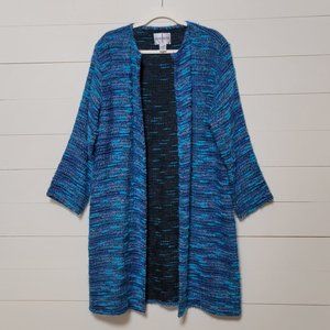 Chico’s Blue Turquoise Knit Open Front Long Cardigan Duster, Chico's Size 2